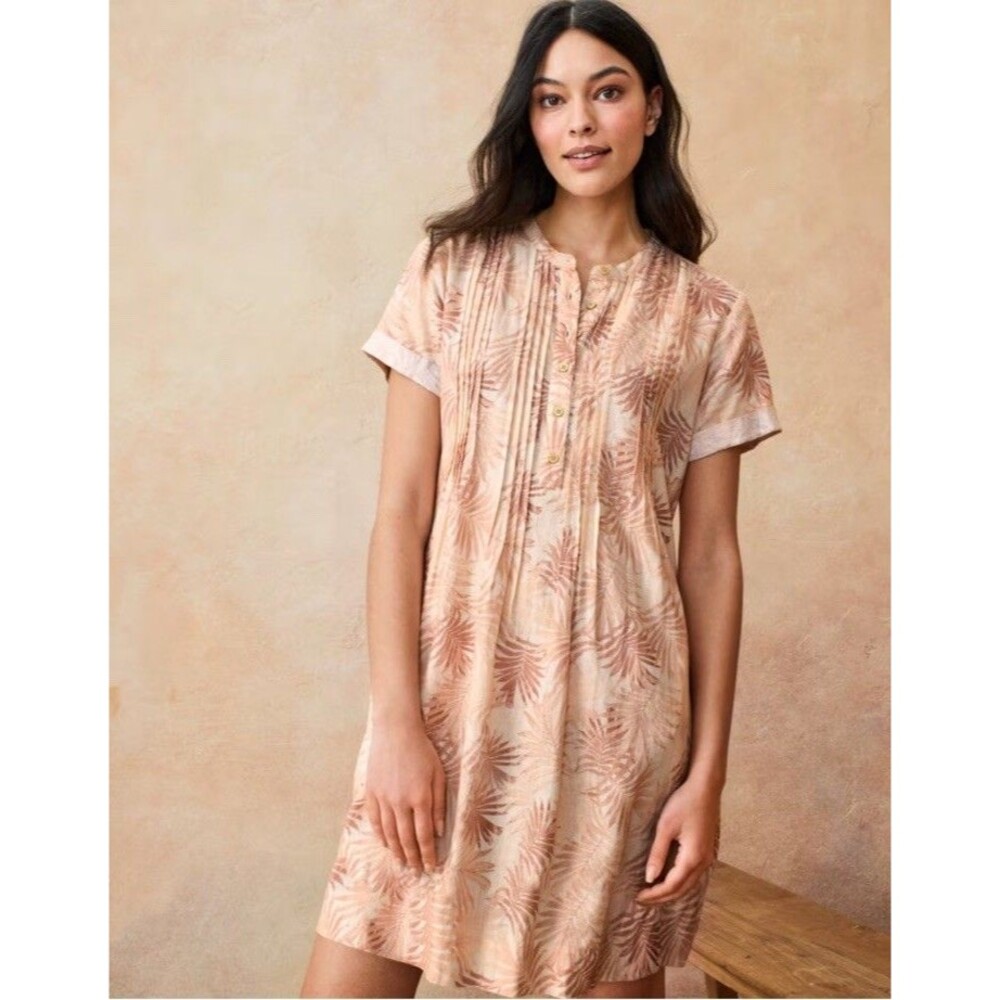 Faherty Gemina Linen Shift Dress Womens S Palm Print Pintuck Coastal Tropical